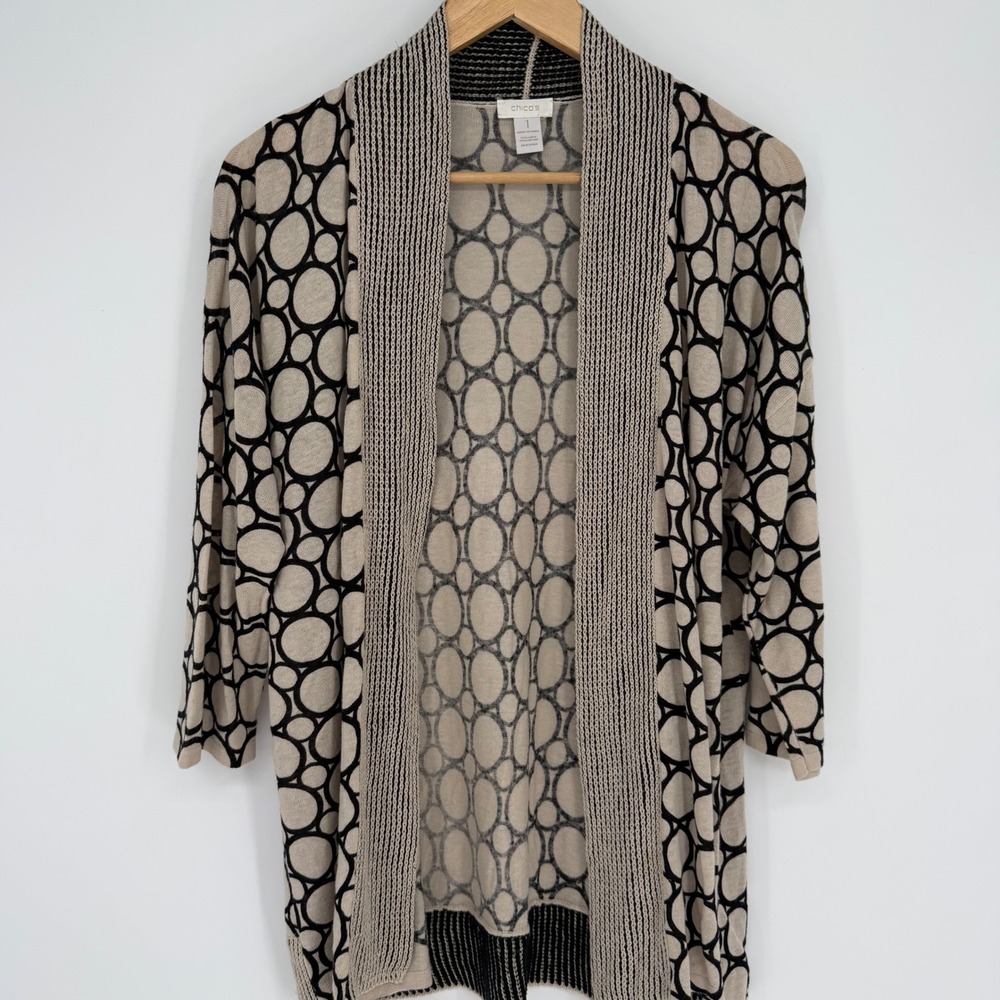 Chicos Cardigan Circle Print Open Front Beige Black Linen Blend Medium
